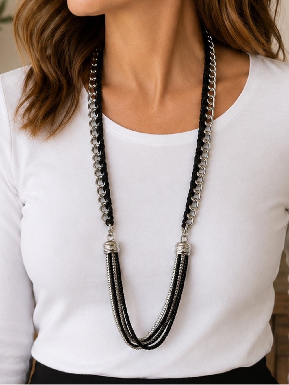 NEW Cookie Lee Multi-Strand Statement Necklace NWT Silver black white